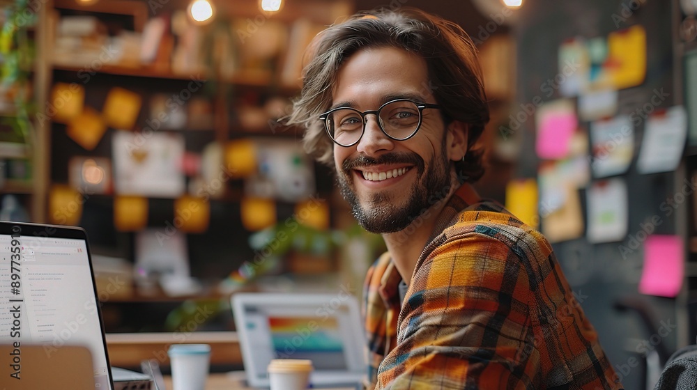 Smiling Creative: A young man with long hair and a beard, wearing glasses and a plaid shirt, smiles confidently at the camera while sitting at his desk Smiling Creative: A young man with long hair and a beard, wearing glasses and a plaid shirt, smiles confidently at the camera while sitting at his desk
