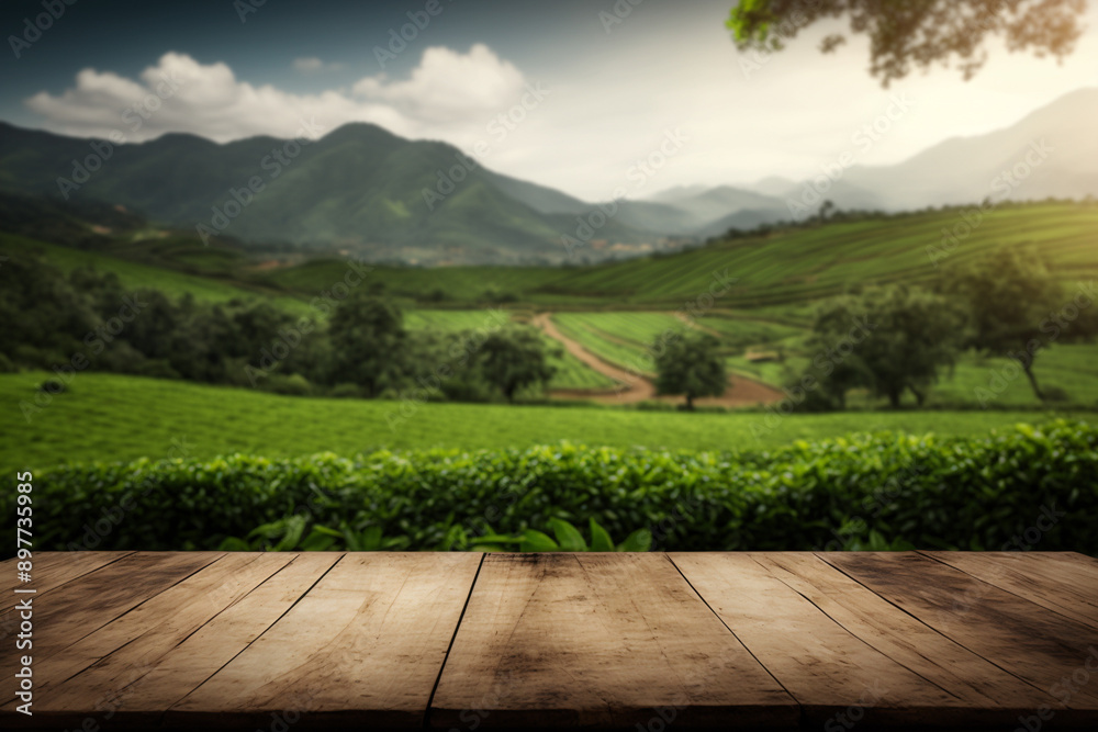 Empty wooden table in front of tea plantation background Empty wooden table in front of tea plantation background