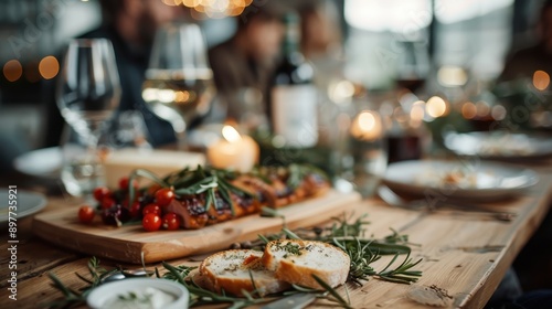 A beautifully set dining table with candles, food, and wine, creating an inviting and elegant atmosphere perfect for a sophisticated gathering or a special celebration.