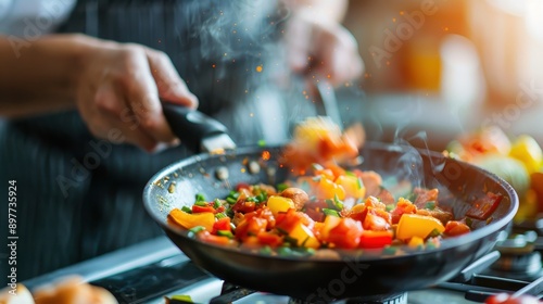 A chef is actively cooking vibrant vegetables in a pan on a stovetop, showcasing the art of culinary preparation, with steam and spices adding to the vibrant and dynamic kitchen setting.