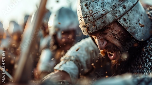 An intense battle scene depicting medieval soldiers in armor engaged in fierce hand-to-hand combat, with dirt and debris flying, highlighting the chaos and intensity of the fight. photo