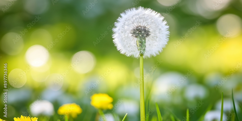 A delicate dandelion seed head stands tall in a sunlit meadow, surrounded by green grass and yellow flowers, with a bokeh background A delicate dandelion seed head stands tall in a sunlit meadow, surrounded by green grass and yellow flowers, with a bokeh background