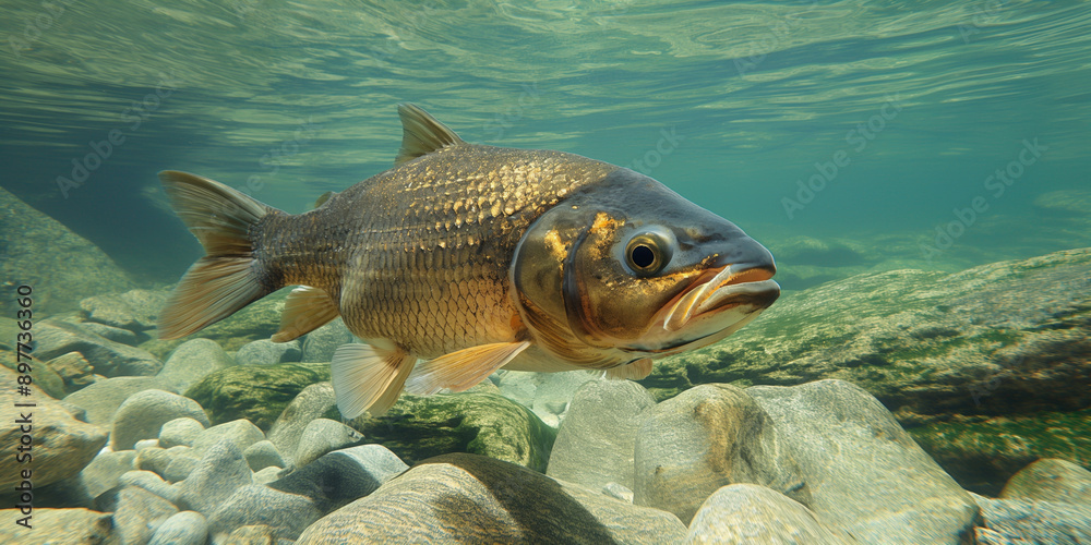 A lone fish swims in a crystal-clear stream, navigating through rocks and displaying its detailed scales and natural habitat A lone fish swims in a crystal-clear stream, navigating through rocks and displaying its detailed scales and natural habitat