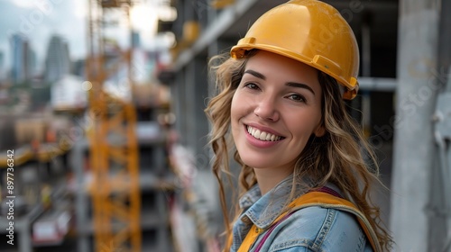 Confident Construction Engineer: A young woman beams with pride on a bustling construction site, embodying the future of women in hard hats. 