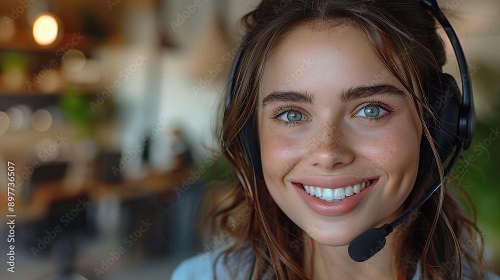 Connected and Content: A young professional beams with confidence, her headset a symbol of her dedication to providing exceptional customer service. Connected and Content: A young professional beams with confidence, her headset a symbol of her dedication to providing exceptional customer service.