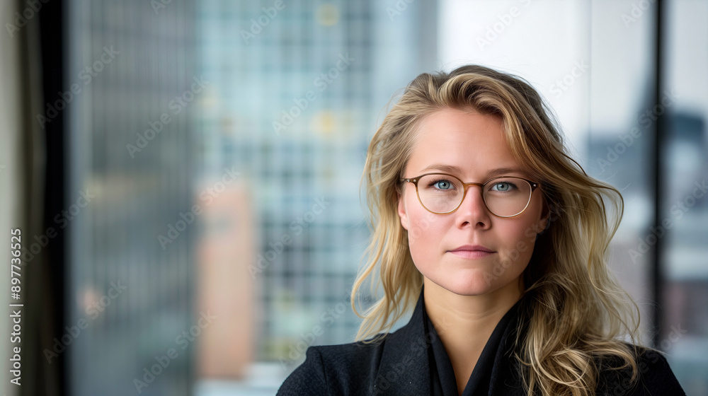 Fototapeta premium A contemplative businesswoman with blonde hair and glasses stands before a window overlooking an urban cityscape, exuding confidence and focus - Generative AI