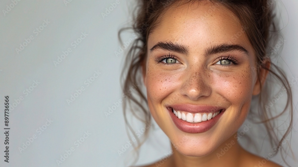Happy woman, face and teeth on mockup for dental, beauty or hygiene against a grey studio background. Portrait of female person or model big smile for skincare cosmetics Happy woman, face and teeth on mockup for dental, beauty or hygiene against a grey studio background. Portrait of female person or model big smile for skincare cosmetics