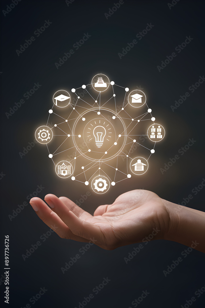 Hand Holding an Idea: A symbolic image of a hand gently cradling a glowing light bulb, surrounded by connected icons representing various knowledge and skills, illustrating the power of ideas and inno Hand Holding an Idea: A symbolic image of a hand gently cradling a glowing light bulb, surrounded by connected icons representing various knowledge and skills, illustrating the power of ideas and inno
