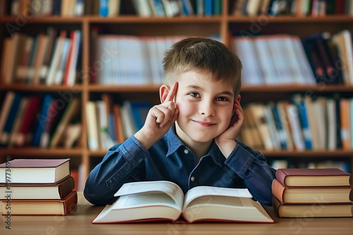 Smiling Boy in Library with Books, Back to School Learning and Education Concept in Academic Setting