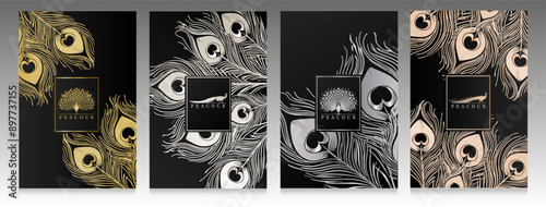 Peacock feathers cover set. Elegant collection with  peacock logo. Gold, platinum, silver and pink feathers pattern on black gradient background.  