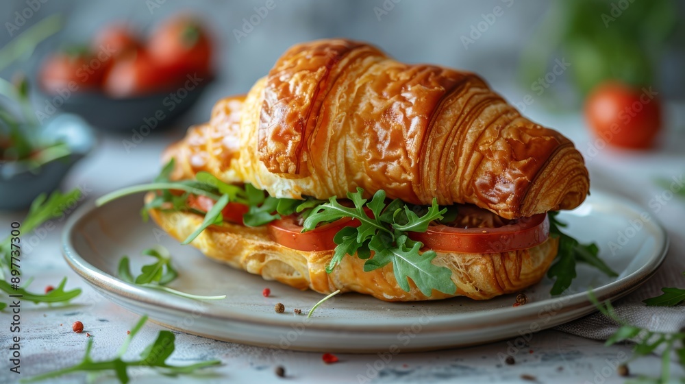 Croissant sandwich with arugula, tomato, and ham on a grey plate. Croissant sandwich with arugula, tomato, and ham on a grey plate.