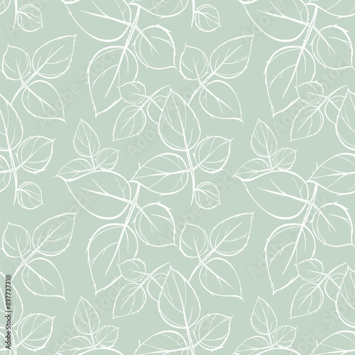 Vector seamless pattern of many rose leaves twigs on pastel green background. Linear plant illustration hand drawn. All over botanical print. Art for elegant fashion fabric, spring card layout design