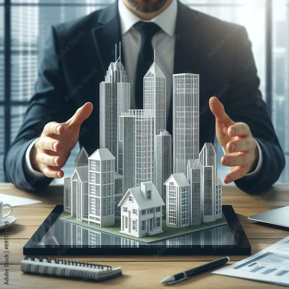 © cd - Businessman & futuristic 3d render model of a city houses or homes on a table in a real estate agency business office. Architecture building, residential property, modern housing concept generative ai
