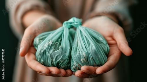 A pair of hands gently holding small green mesh bags filled with seeds, symbolizing the start of a growing process, care for nature, and potential for growth. photo