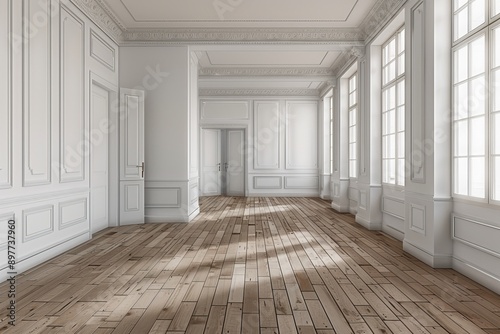 Classic interior with wooden floor and white walls.