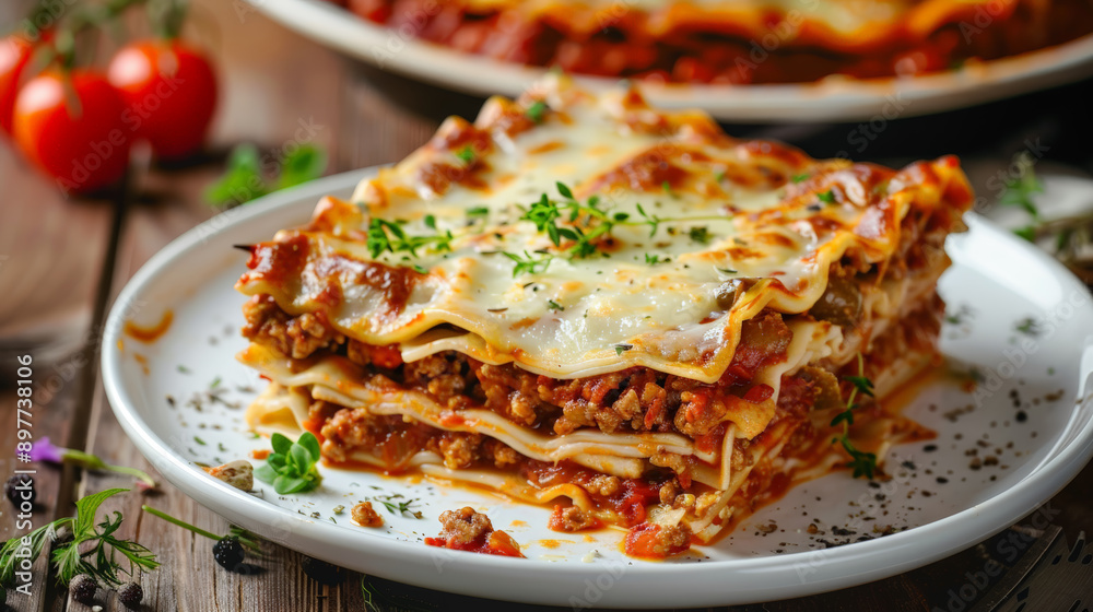 Tasty Bolognese lasagna served with a basil leaf. Italian cuisine, Homemade meat lasagna. Close up Tasty Bolognese lasagna served with a basil leaf. Italian cuisine, Homemade meat lasagna. Close up