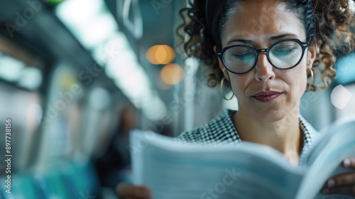 A focused woman with curly hair and glasses reads a document while traveling on public transport, possibly reviewing work materials or important papers during her commute. photo