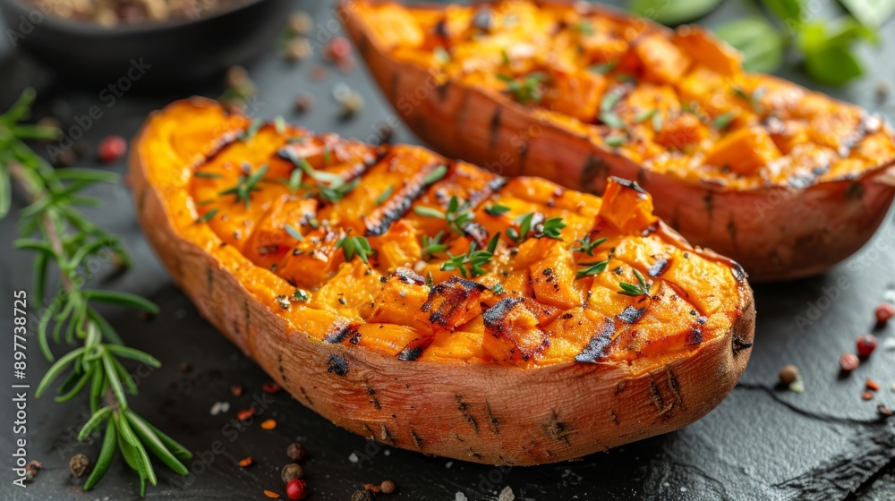 Grilled sweet potatoes with herbs on a black slate. Studio food photography. Healthy eating and vegetarian concept Grilled sweet potatoes with herbs on a black slate. Studio food photography. Healthy eating and vegetarian concept