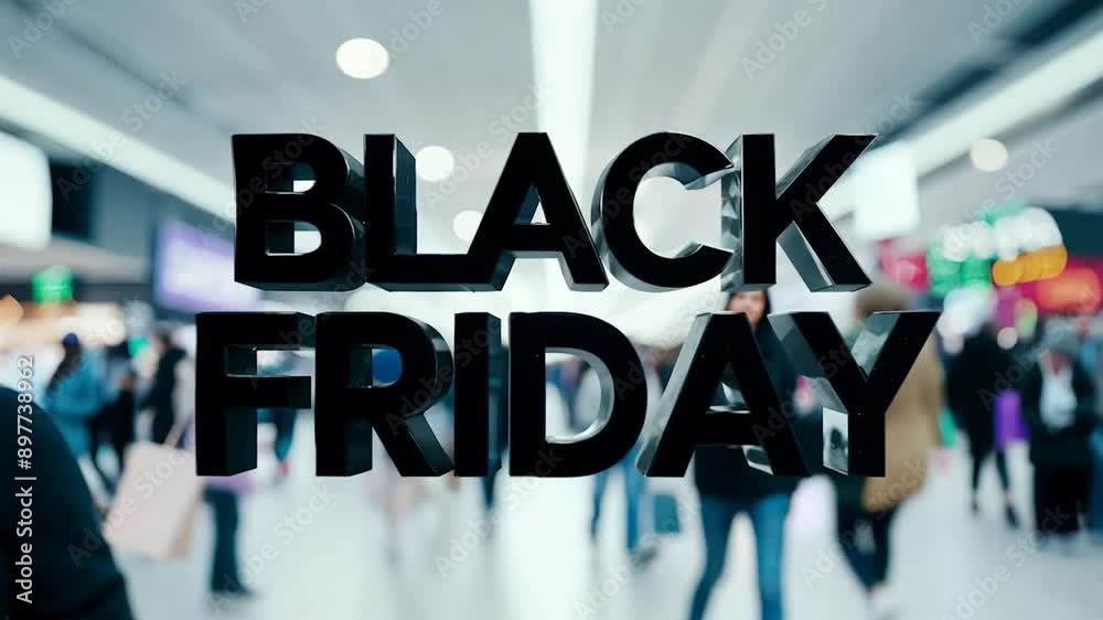 Shoppers in a bustling mall during black friday, with dynamic discount signs highlighting retail sales and shopping excitement Shoppers in a bustling mall during black friday, with dynamic discount signs highlighting retail sales and shopping excitement