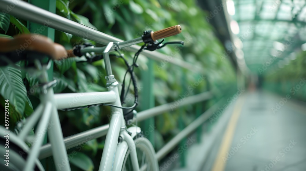 A white bicycle is stationed in a green, lush plant-lined corridor under a glass ceiling, suggesting a serene environment mixed with urban lifestyle and transportation means. A white bicycle is stationed in a green, lush plant-lined corridor under a glass ceiling, suggesting a serene environment mixed with urban lifestyle and transportation means.