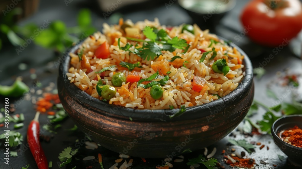 Vegetable rice pilaf with herbs in a black bowl. Vegetable rice pilaf with herbs in a black bowl.