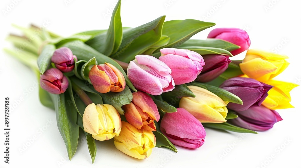 A bouquet of fresh, colorful tulips, isolated on a white background A bouquet of fresh, colorful tulips, isolated on a white background