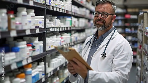 Pharmacist Expertise: A seasoned pharmacist reviews a prescription amidst rows of medications, embodying trust and care in a modern pharmacy setting. 