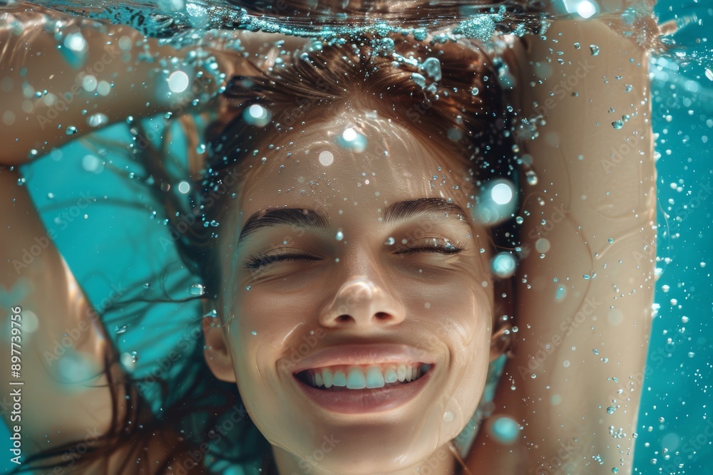Water splash, shower, and woman cleaning on blue background for beauty, wellness, and healthy skincare. Bathroom, aesthetics, young studio model, water drips and body hygiene Water splash, shower, and woman cleaning on blue background for beauty, wellness, and healthy skincare. Bathroom, aesthetics, young studio model, water drips and body hygiene