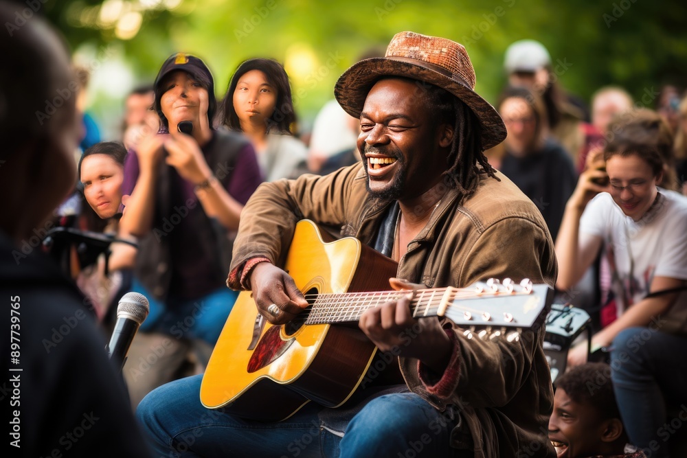 A man with dreadlocks playing an acoustic guitar, creating soulful melodies with his fingers. A man with dreadlocks playing an acoustic guitar, creating soulful melodies with his fingers.