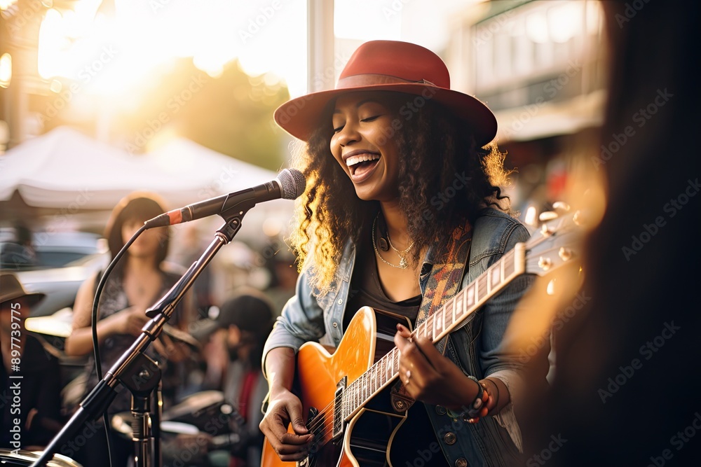 Obraz premium A man with dreadlocks playing an acoustic guitar, creating soulful melodies with his fingers.
