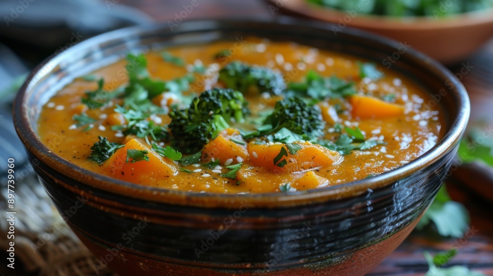 Vegetable soup with broccoli and sweet potato in a brown bowl. Close-up food photography of a healthy meal. Vegetable soup with broccoli and sweet potato in a brown bowl. Close-up food photography of a healthy meal.