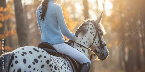 Nature, closeup, and woman riding horse in forest preparation for race. Adventure, animal, and young woman riding stallion in the woods.