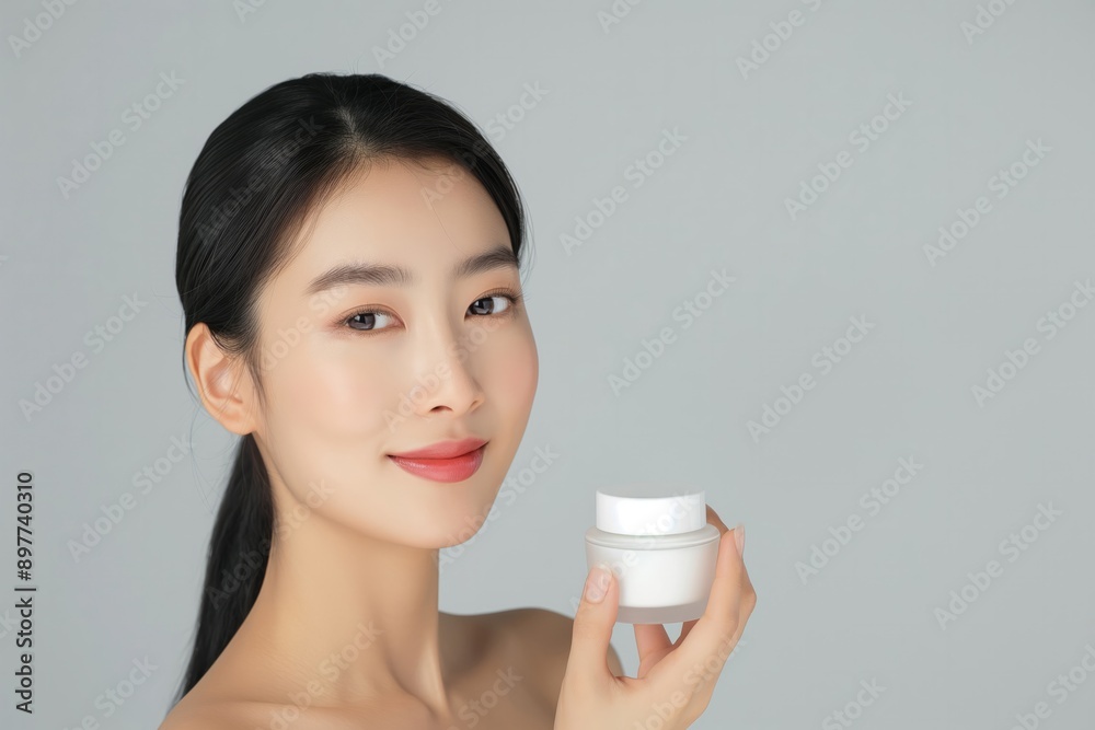 An Asian woman smiling while holding a jar of skincare cream, emphasizing beauty and self-care. An Asian woman smiling while holding a jar of skincare cream, emphasizing beauty and self-care.