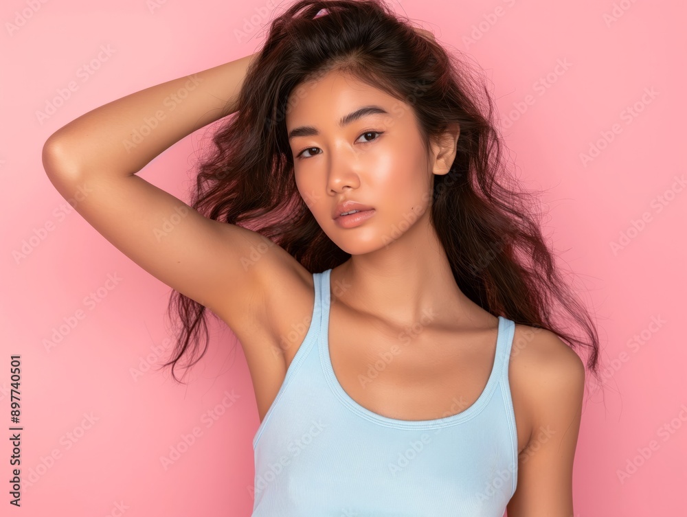 A young Asian woman poses confidently with her hands behind her head against a pink background, highlighting beauty and poise. A young Asian woman poses confidently with her hands behind her head against a pink background, highlighting beauty and poise.