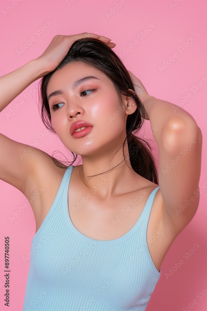 A young Asian woman poses confidently with her hands behind her head against a pink background, highlighting beauty and poise. A young Asian woman poses confidently with her hands behind her head against a pink background, highlighting beauty and poise.