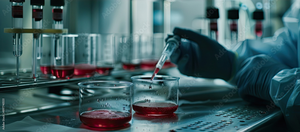 Lab Technician Pipetting Red Liquid in Beaker Lab Technician Pipetting Red Liquid in Beaker