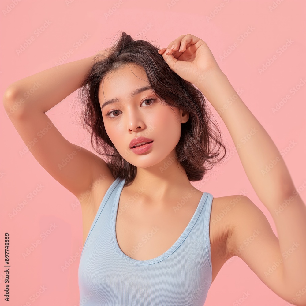 A young Asian woman poses confidently with her hands behind her head against a pink background, highlighting beauty and poise. A young Asian woman poses confidently with her hands behind her head against a pink background, highlighting beauty and poise.
