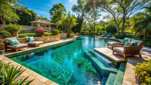 Sparkling turquoise water ripples in the sun-kissed custom pool surrounded by lush greenery, outdoor furniture, and natural stone coping, evoking serenity and luxury.