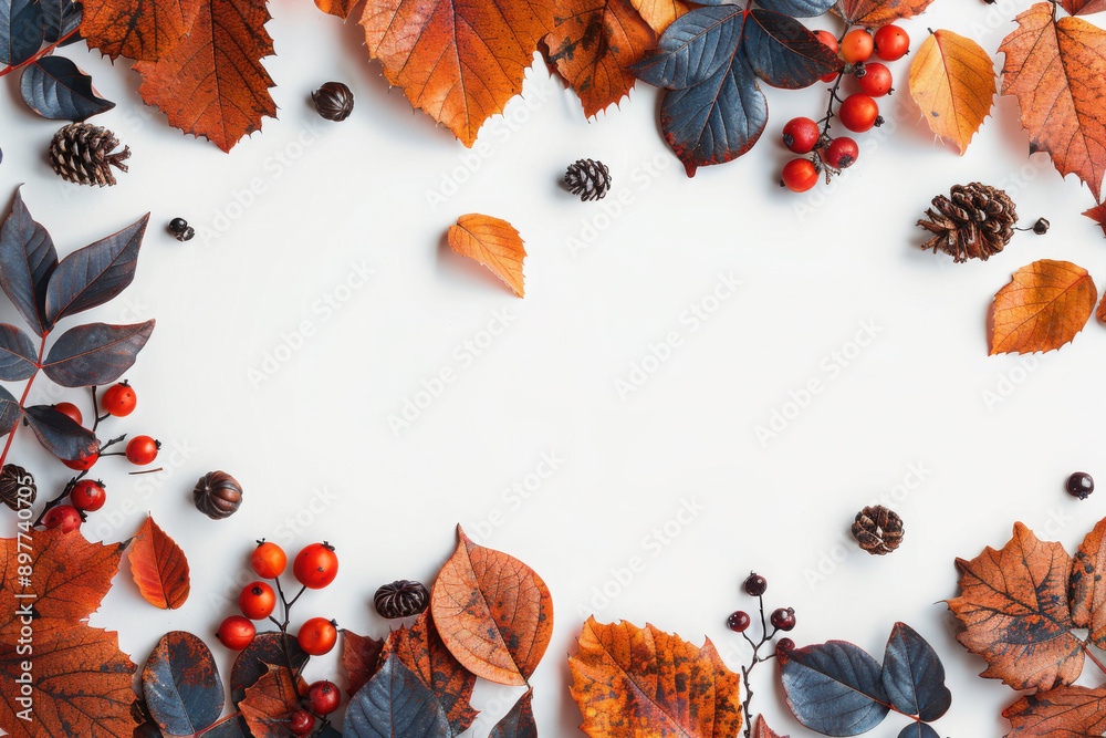 Obraz premium Autumn composition. Dried leaves, flowers, rowan berries on white background. Autumn, fall, thanksgiving day concept. Flat lay, top view, copy space 