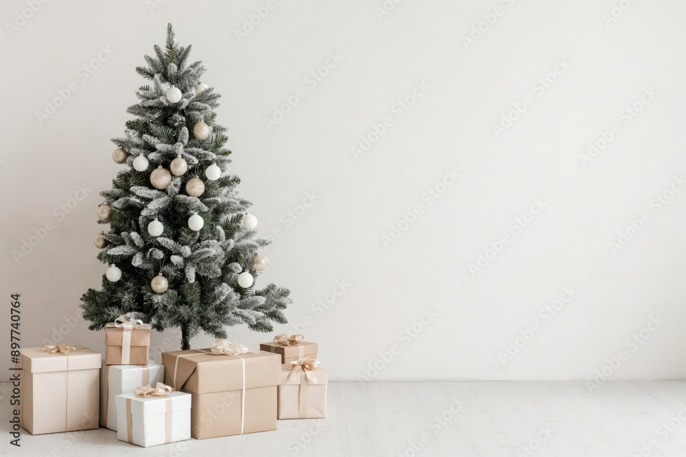 An elegant Christmas tree adorned with gold and white decorations, surrounded by wrapped gifts. Perfect for holiday decor and festive celebrations. An elegant Christmas tree adorned with gold and white decorations, surrounded by wrapped gifts. Perfect for holiday decor and festive celebrations.