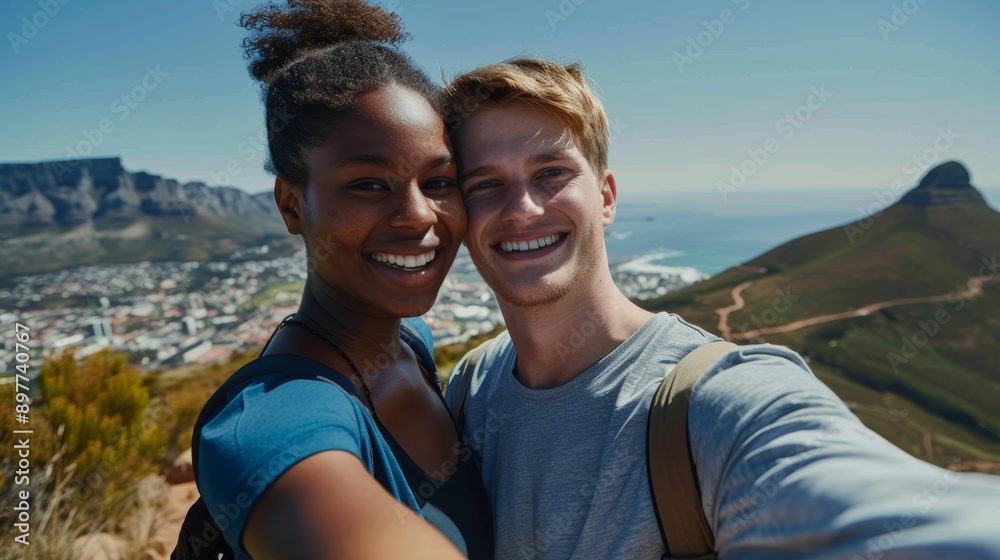 Happiness, selfie, and couple trekking in nature on South African vacation. Smile, trekking, and multiracial couple on health, wellness, and active vacation Happiness, selfie, and couple trekking in nature on South African vacation. Smile, trekking, and multiracial couple on health, wellness, and active vacation
