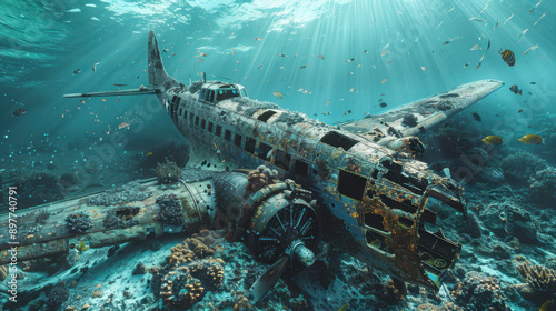 An old plane from the Second World War sunk a long time ago at the bottom of the ocean