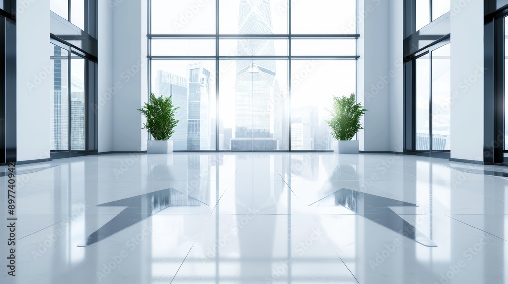 Fototapeta premium A contemporary office with clean lines, large windows, digital screens, and arrows symbolizing progress, innovation, and successful investments