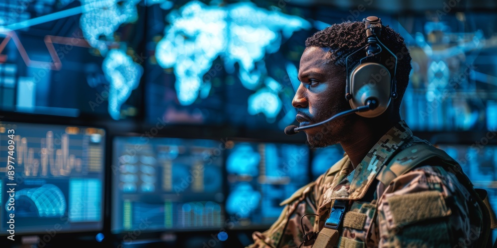 Man on computer in office, data center, and monitor for technical support, cybersecurity, or surveillance. Officer in tech, security, or government communication Man on computer in office, data center, and monitor for technical support, cybersecurity, or surveillance. Officer in tech, security, or government communication
