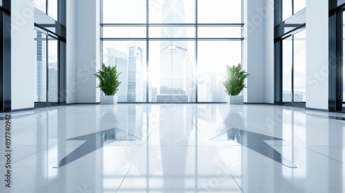 A contemporary office with clean lines, large windows, digital screens, and arrows symbolizing progress, innovation, and successful investments