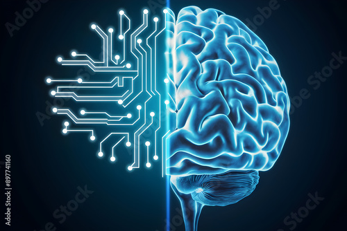 The Digital Age of Thought: Human brain intertwined with intricate circuitry, symbolizing the fusion of artificial intelligence and human cognition. 