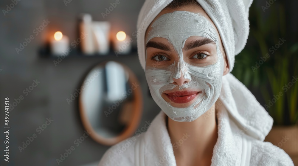 Female, face mask or hands in acne, collagen, or dermatological spa treatment, home self-care, or healthcare wellbeing. Happy person with cream or house chemical peel Female, face mask or hands in acne, collagen, or dermatological spa treatment, home self-care, or healthcare wellbeing. Happy person with cream or house chemical peel