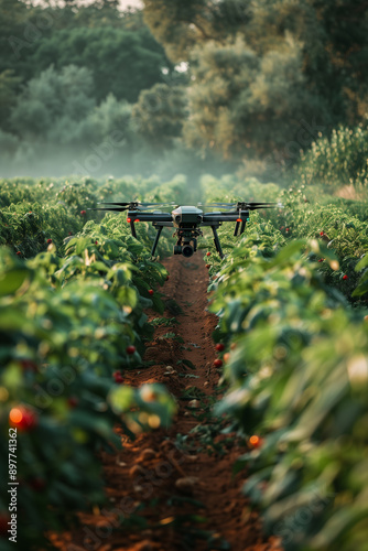 A drone flying over green plants in a greenhouse, showcasing the use of modern technology in agriculture for monitoring plant health and precision farming