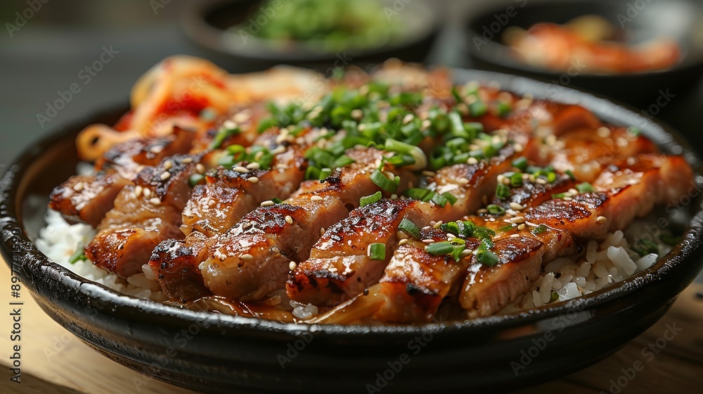 Grilled pork slices over rice with green onions in a black bowl.