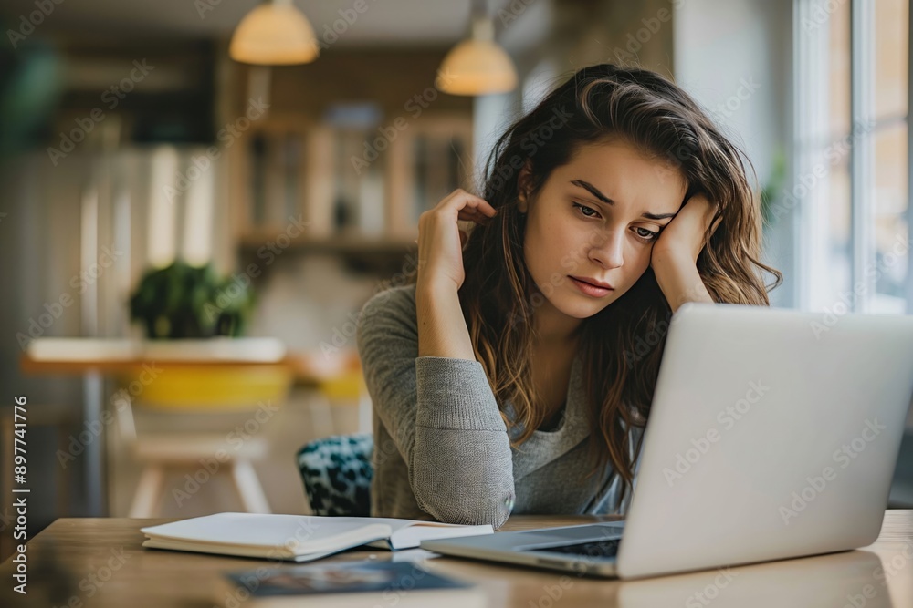 A stressed woman working on a laptop at home, representing the challenges of working from home. Perfect for business and mental health themes. A stressed woman working on a laptop at home, representing the challenges of working from home. Perfect for business and mental health themes.